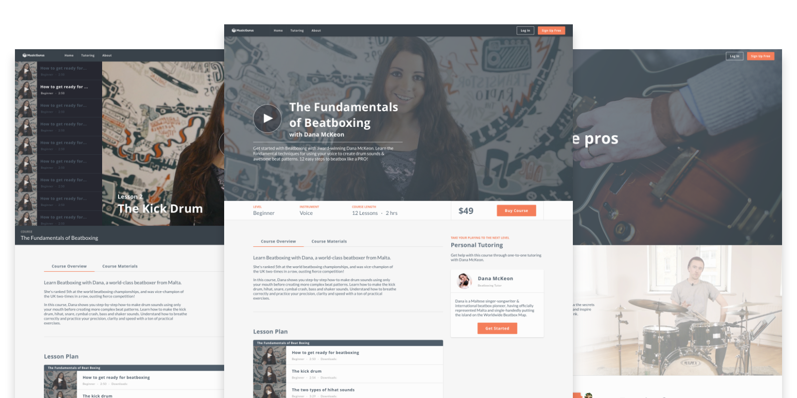 Screenshots of MusicGurus lesson, course and marketing pages